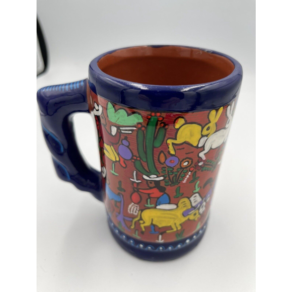 Vintage Folk Art Mexican Pottery Mug 5.5 In Signed Brett 2005 - Picture 1 of 5